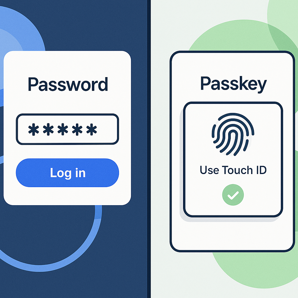 Split-screen comparison showing password login flow on left (text field, submit button) versus passkey login flow on right (biometric prompt, instant authentication)