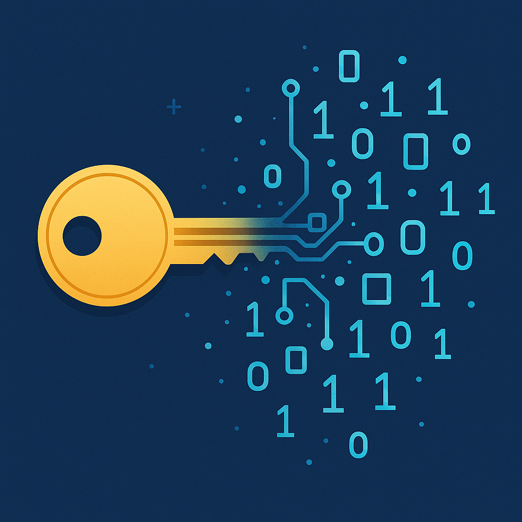 Abstract illustration of a physical key transforming into digital cryptographic symbols, representing the transition from traditional passwords to passkey authentication