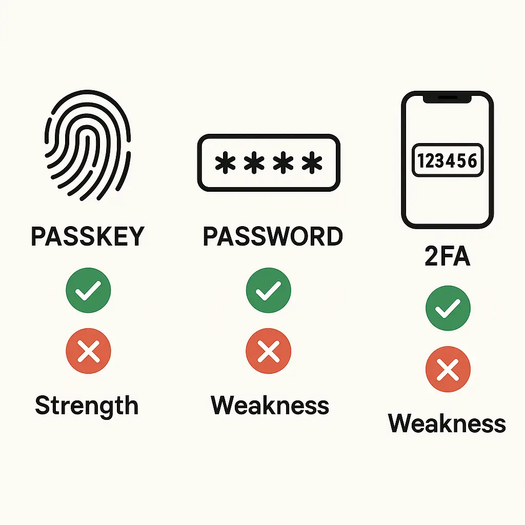Layered security diagram showing how different authentication methods stack to protect accounts