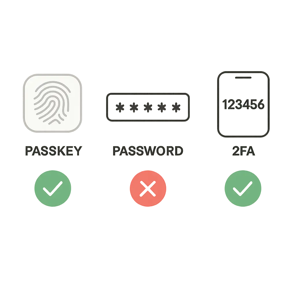 Three authentication methods side by side: a fingerprint scanner, a password field, and a phone displaying a six-digit code