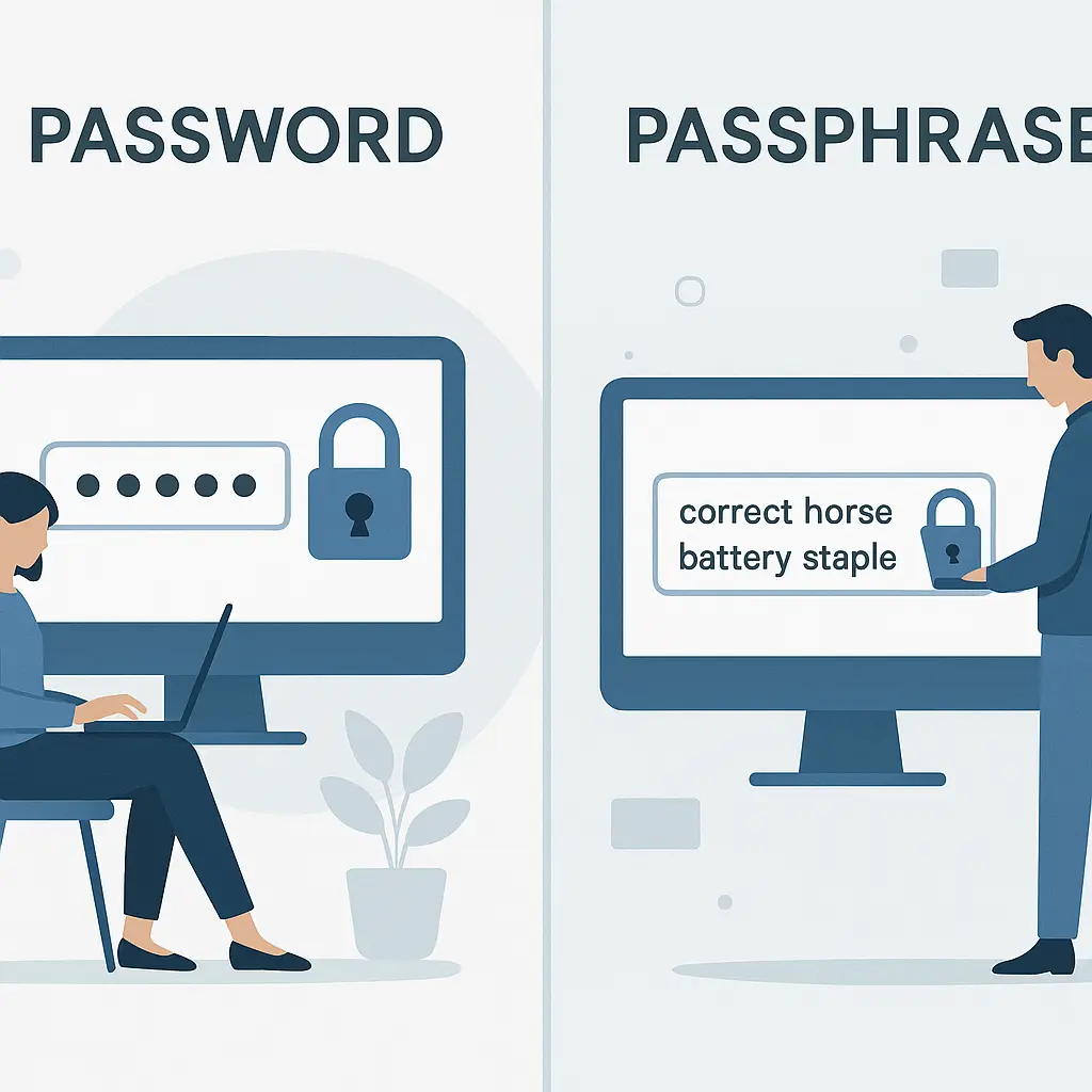 Person typing a passphrase into a login screen with confident posture