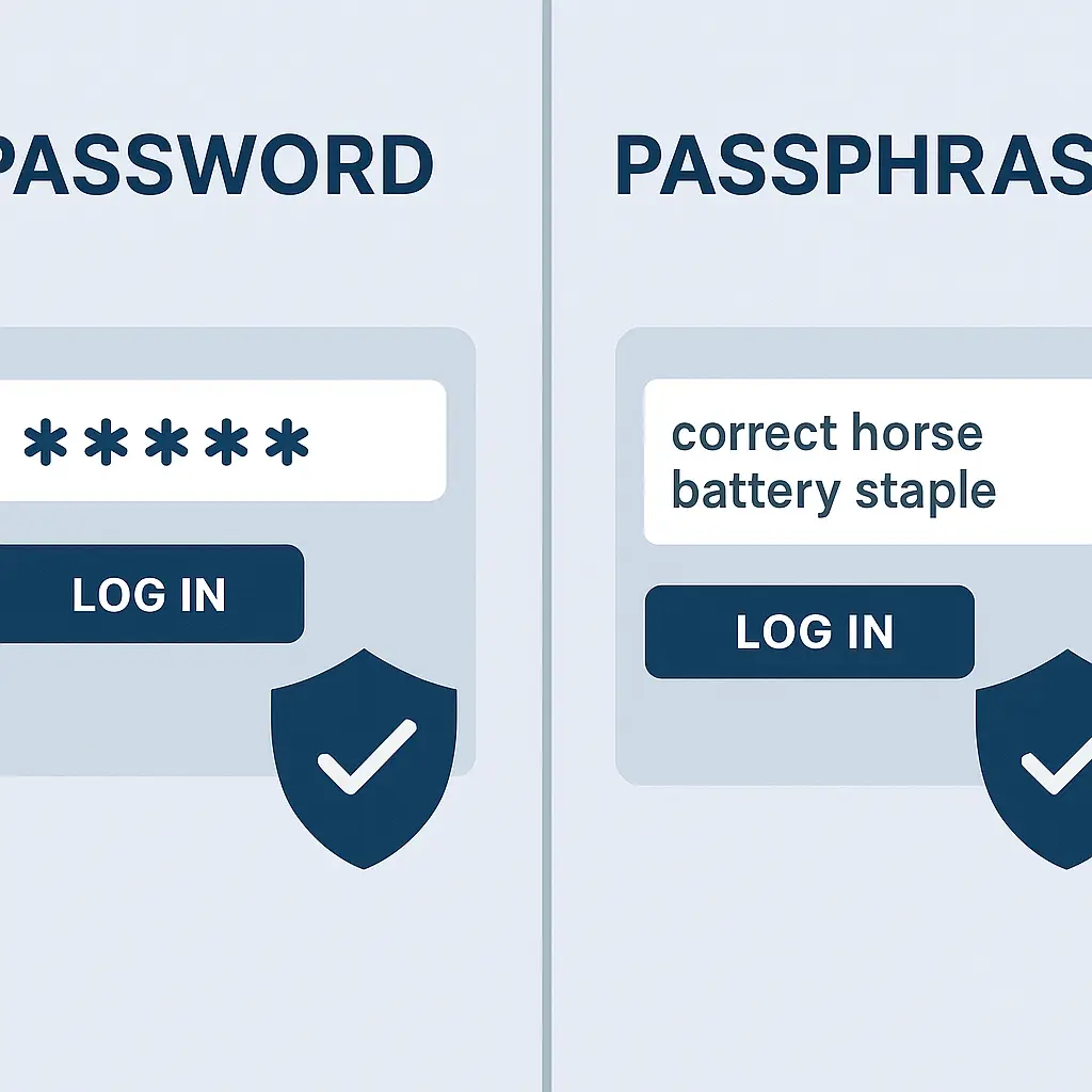 Side-by-side comparison showing a complex password with symbols on one side and a four-word passphrase on the other