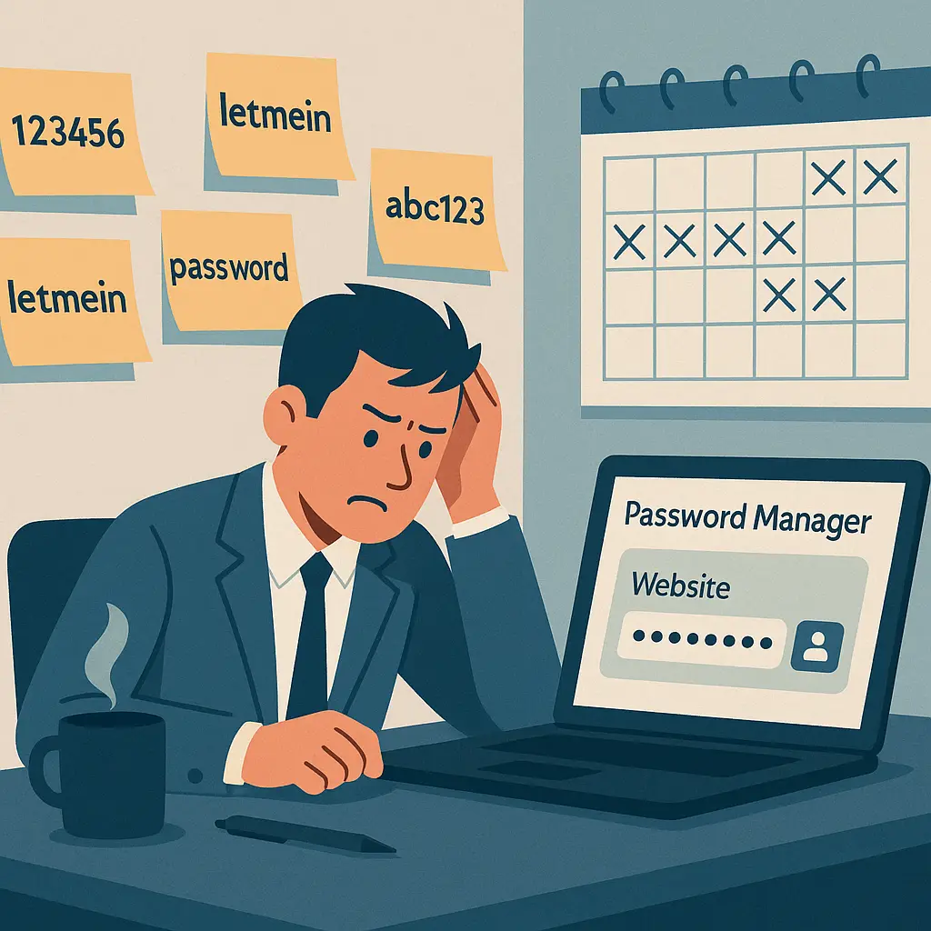 A person confidently using a password manager instead of writing new passwords on sticky notes