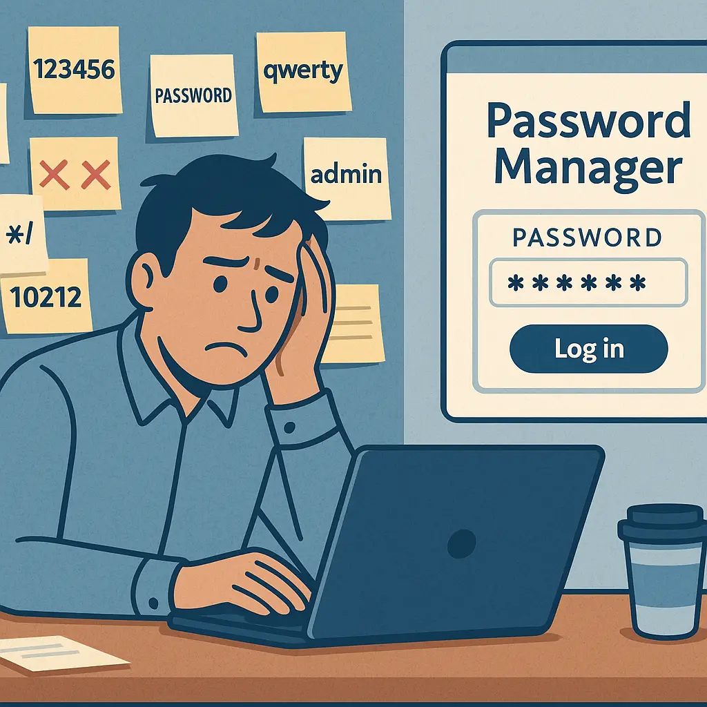 A calendar with crossed-out dates and a password sticky note, representing the futility of forced password rotation