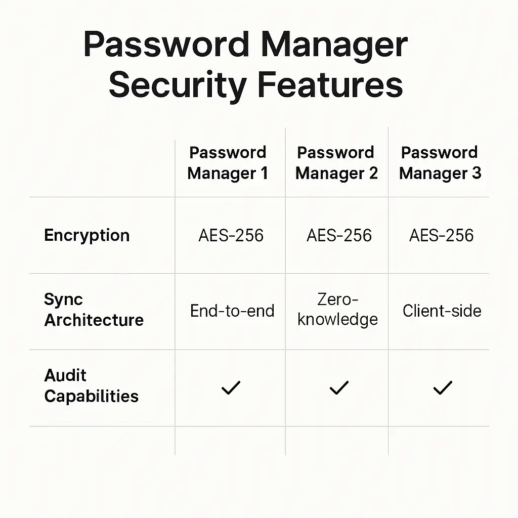 Side-by-side comparison of password manager interface features with security indicators highlighted