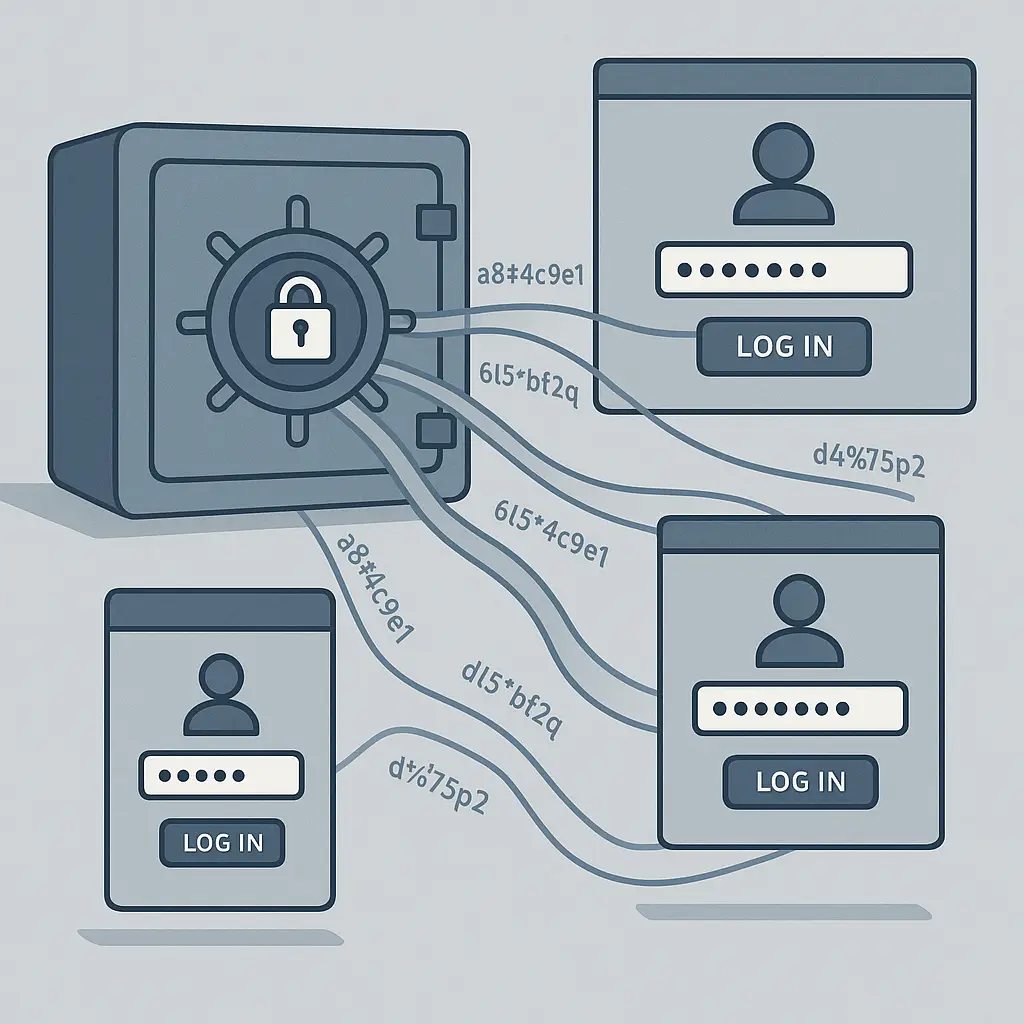 Person confidently logging into multiple devices with encrypted password vault in background