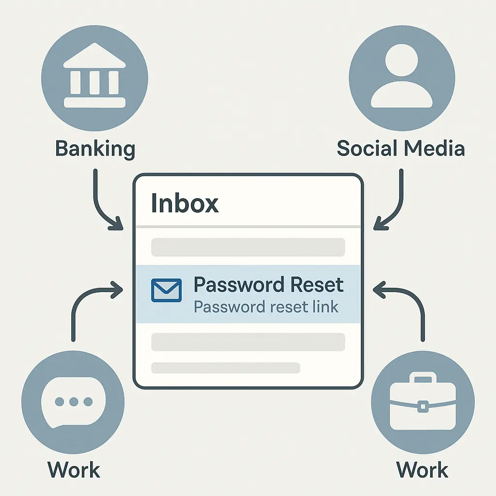 Email inbox with a password reset message highlighted, showing the unlock mechanism that bypasses authentication