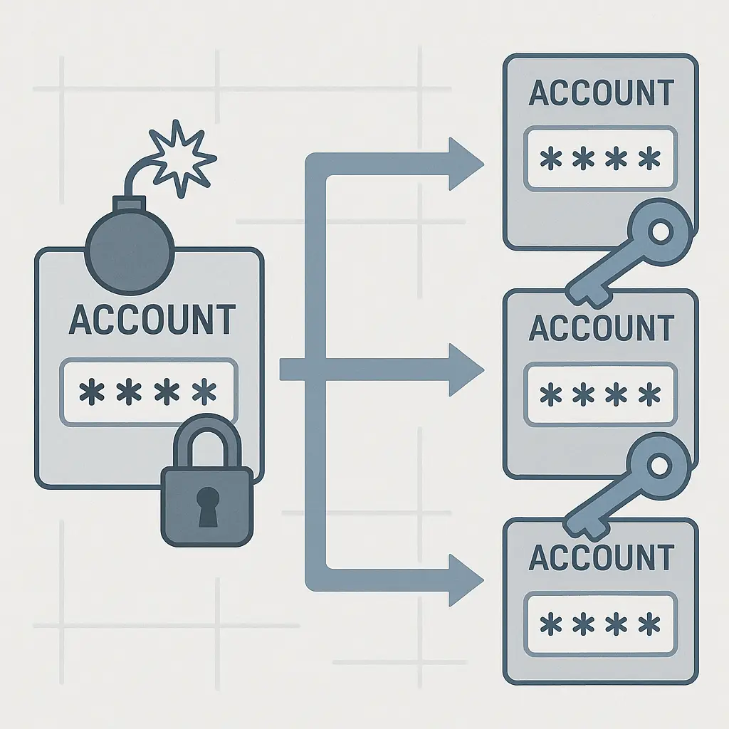 A password manager interface showing unique passwords for multiple accounts, contrasted with a crossed-out repeated password pattern