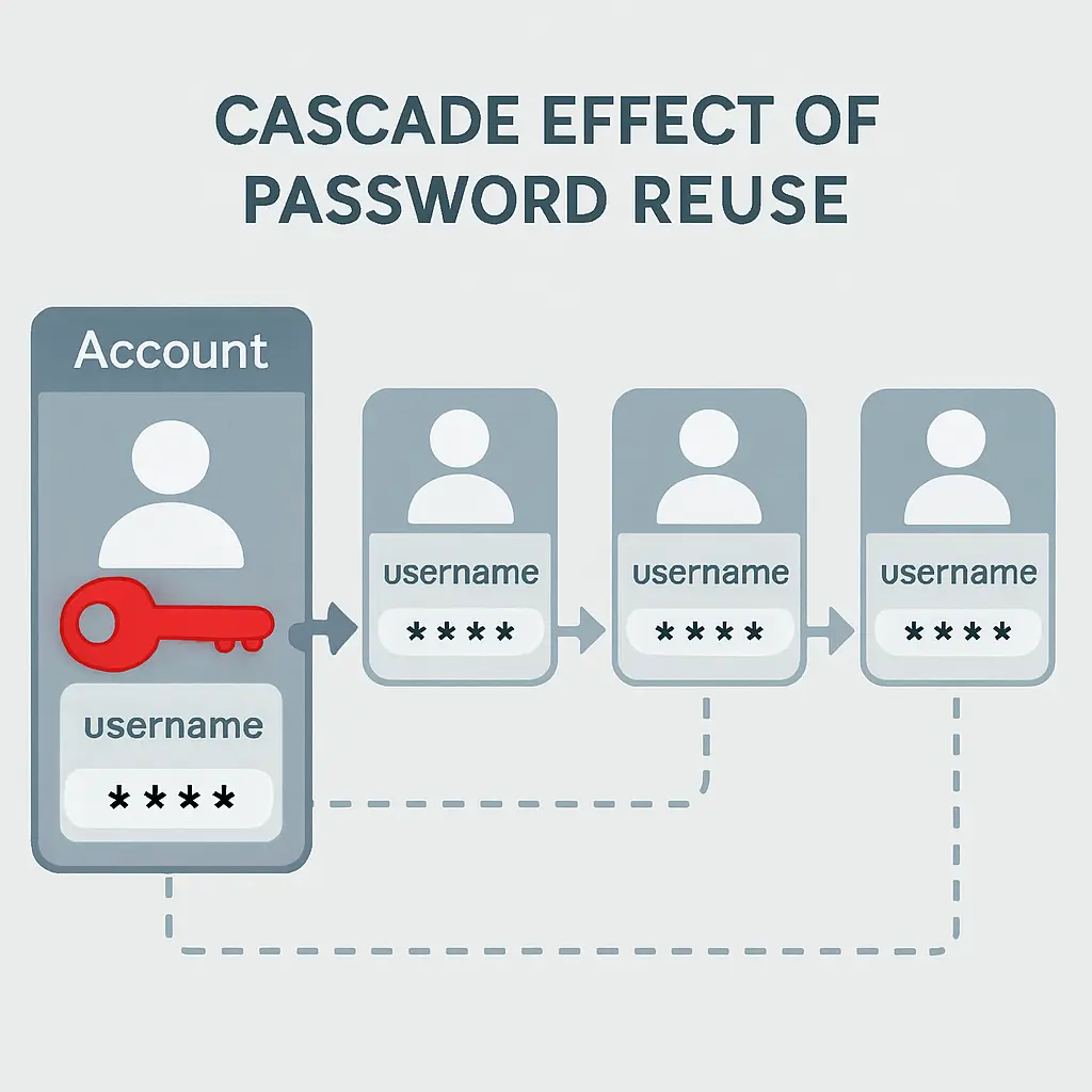 A single key unlocking multiple doors in sequence, each door representing a different online account, illustrated in a clean technical diagram style