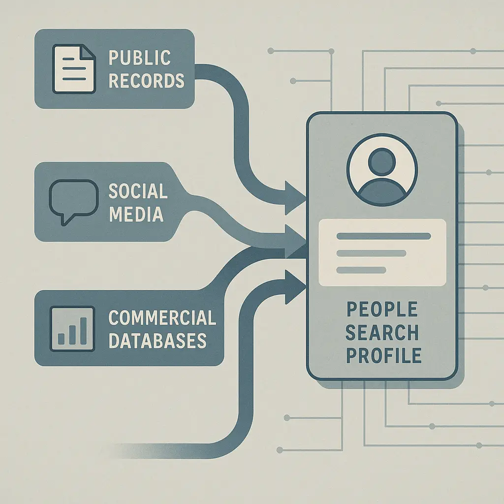 Diagram showing the data collection, aggregation, and resale pipeline that powers people search sites
