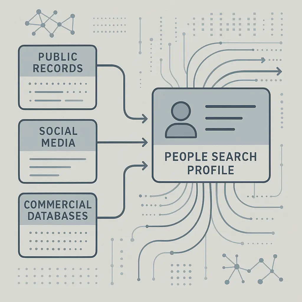 Abstract visualization of data flowing from public records, social media, and commercial databases into centralized people search profiles