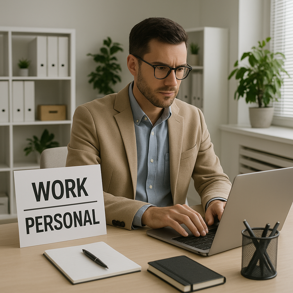 Professional workspace with clear separation between work and personal devices, documents organized with privacy in mind