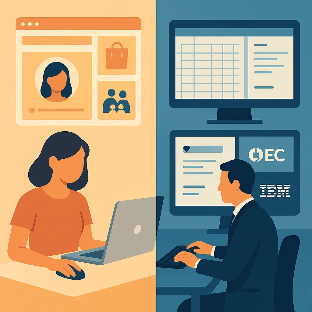 Split screen showing a laptop with personal photos on one side and work documents on the other, representing the blurred boundary between personal and professional device use