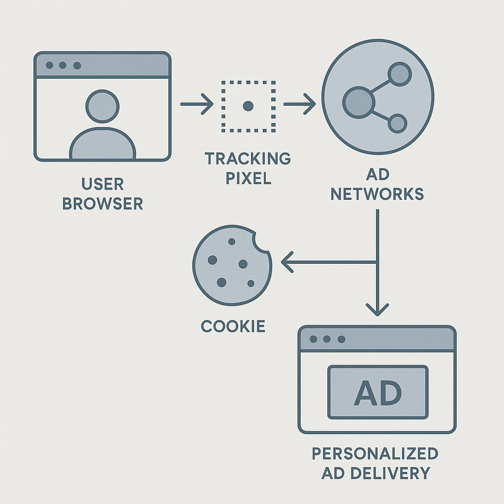 A browser window with visible tracking cookies, third-party scripts, and data collection points highlighted in a technical diagram style