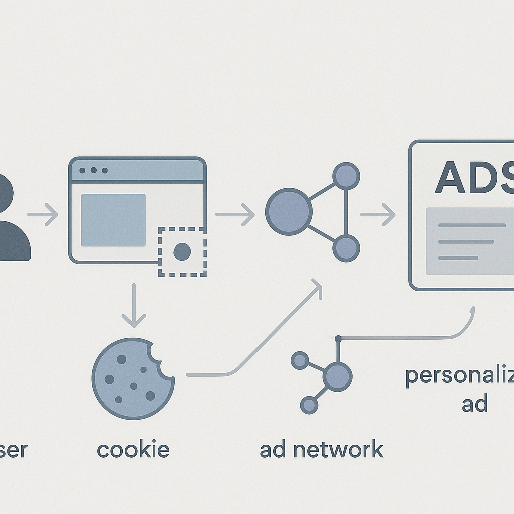 Abstract visualization of data flowing from a user's browser through tracking networks to ad servers, rendered as interconnected nodes and pathways