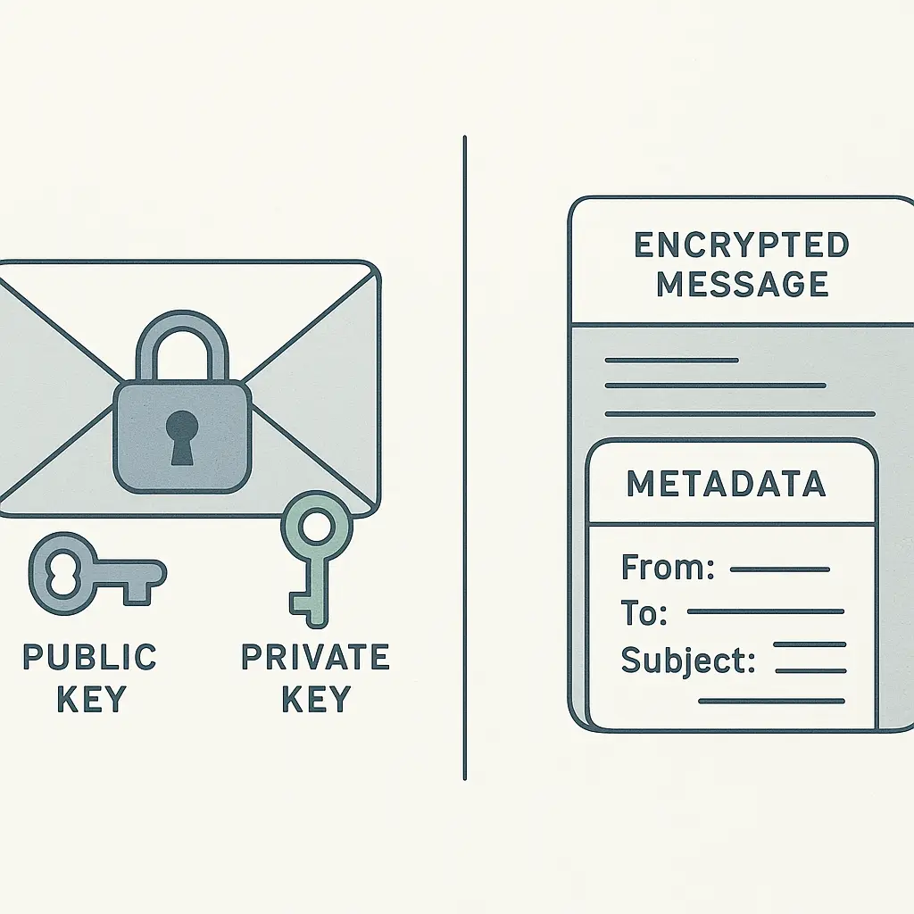 Split-screen illustration showing encrypted email text on the left and plaintext metadata (subject line, sender, recipient) on the right, representing what PGP protects and what it doesn't