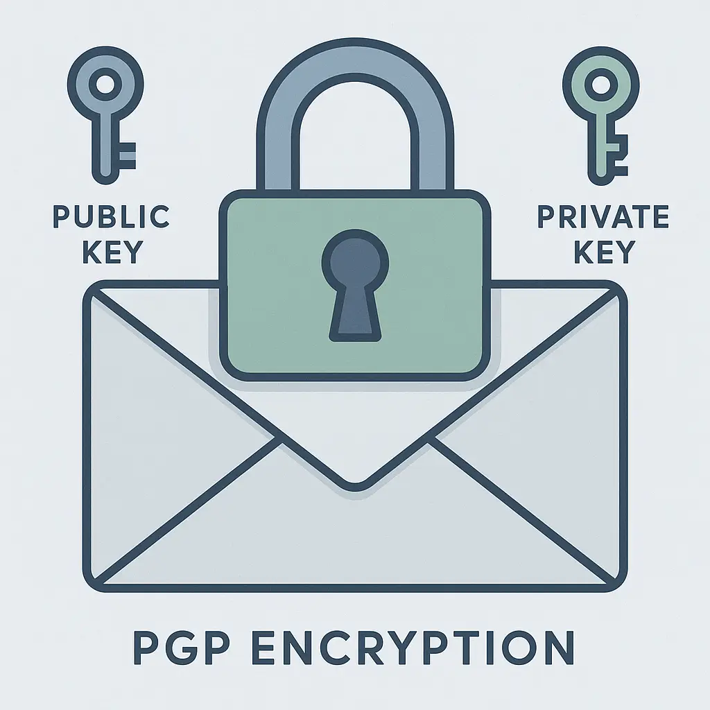 Stylized illustration of a locked envelope with a public key icon on one side and a private key icon on the other, representing PGP email encryption