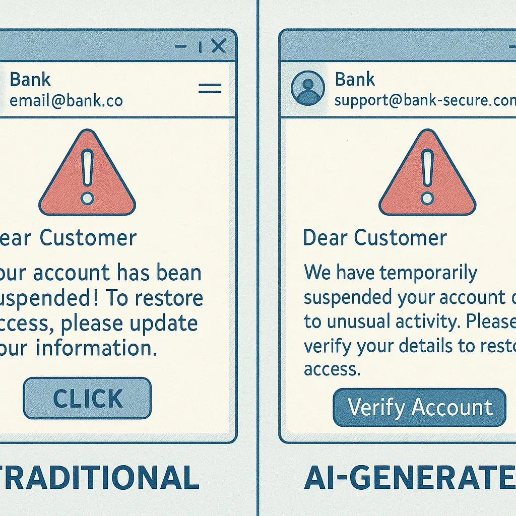Split screen showing a traditional phishing email with obvious errors next to a polished AI-generated version with perfect grammar