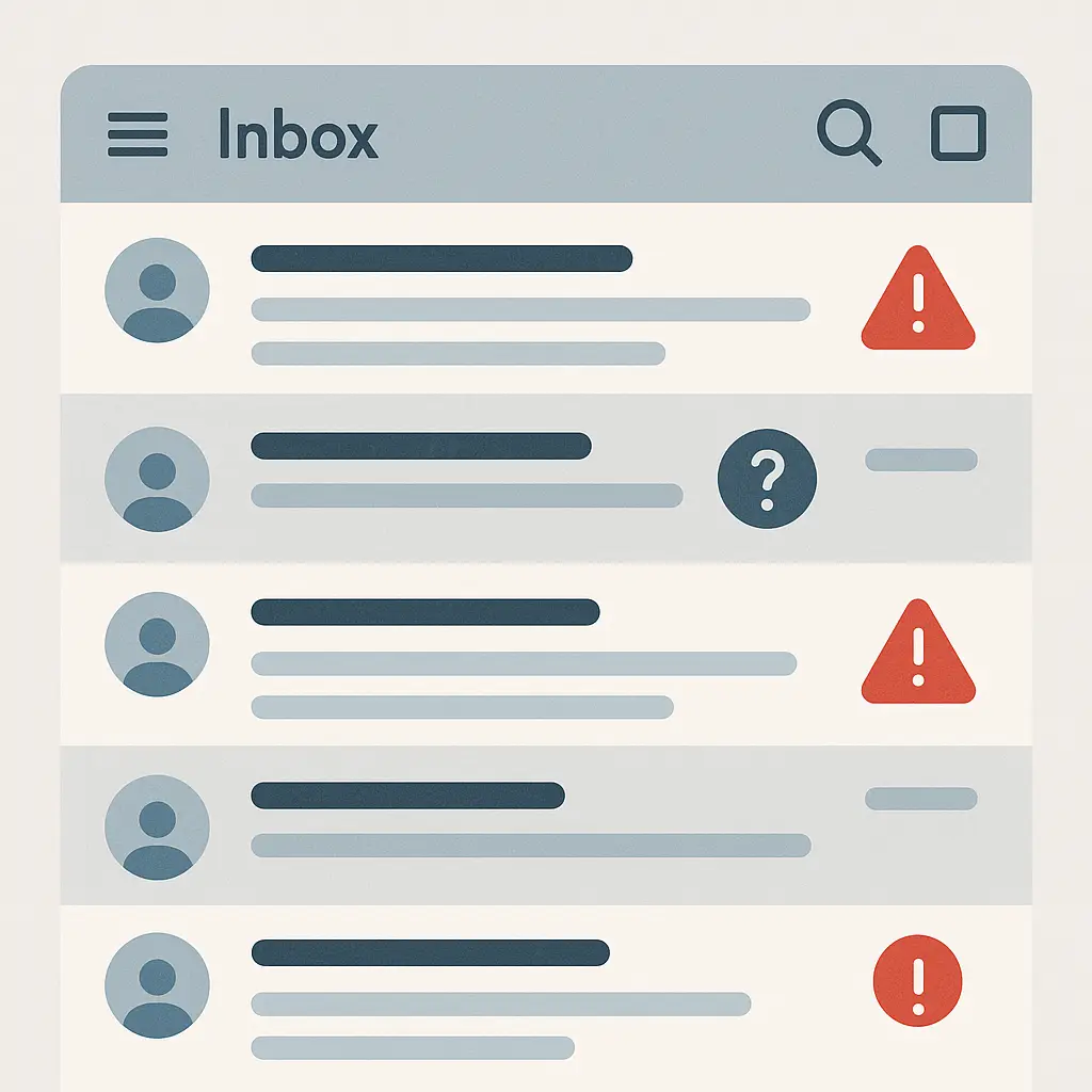 Person reviewing email headers with magnifying glass icon overlay