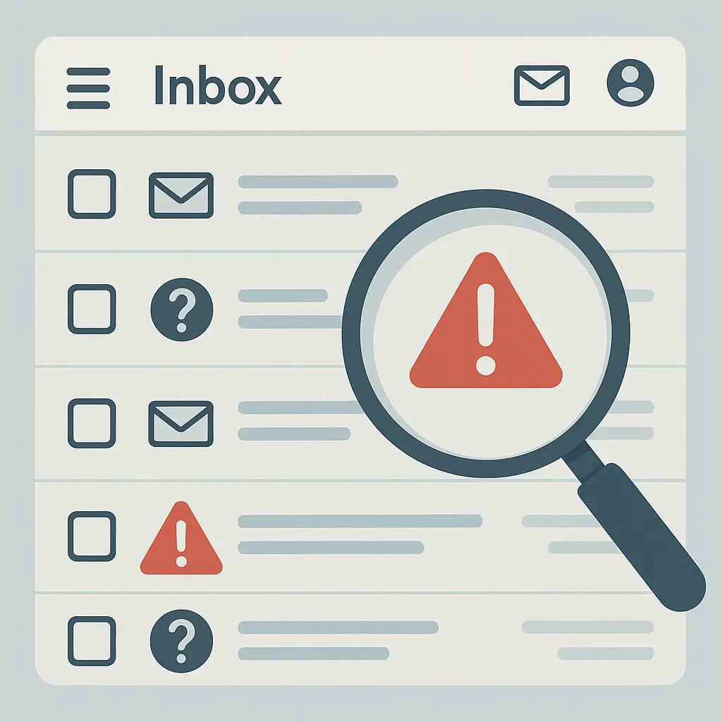 Stylized email inbox with warning symbols highlighting suspicious messages