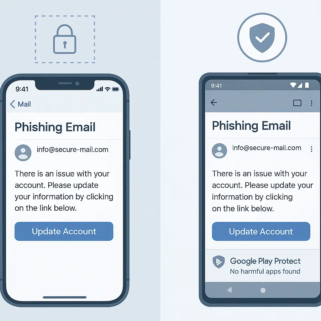 Side-by-side comparison of iPhone and Android screens showing identical phishing email with different platform security responses