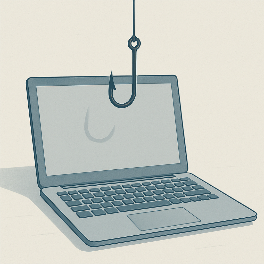 A fishing hook dangling over a keyboard, illustrating the persistence of phishing attacks