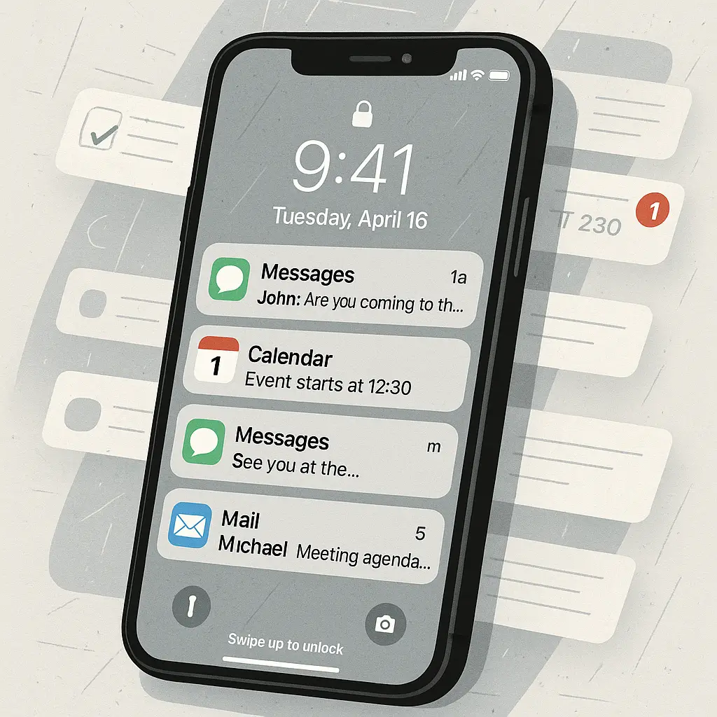 Smartphone with lock screen displaying notification previews and incoming messages