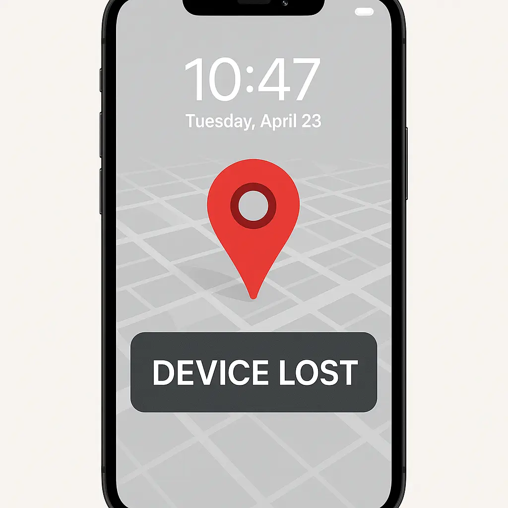 Smartphone with lock screen displaying remote wipe confirmation and location tracking map overlay