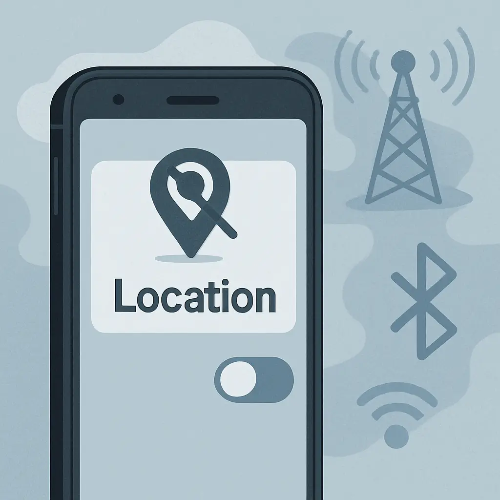 Smartphone screen showing location services toggle in the off position, with faint network signals and cell towers in the background
