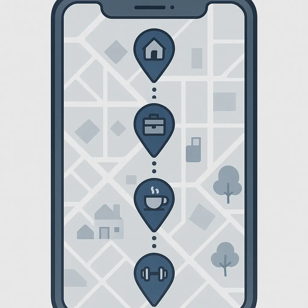 Smartphone displaying a map with location pins and a timeline of visited places