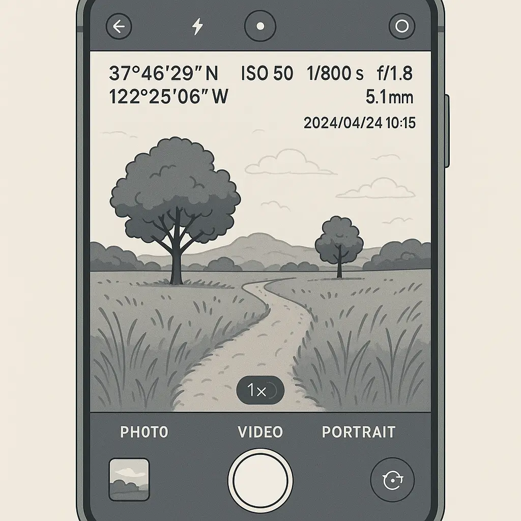 A smartphone camera app interface displaying a photo with technical metadata overlaid, showing GPS coordinates, timestamp, camera model, and lens settings in a translucent panel
