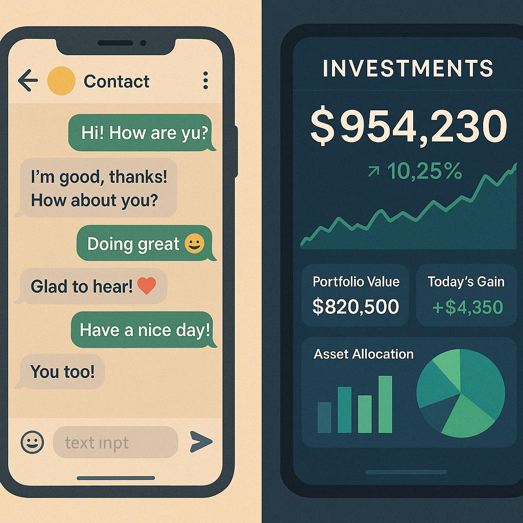 A phone screen showing a friendly text conversation next to a fake cryptocurrency investment platform interface