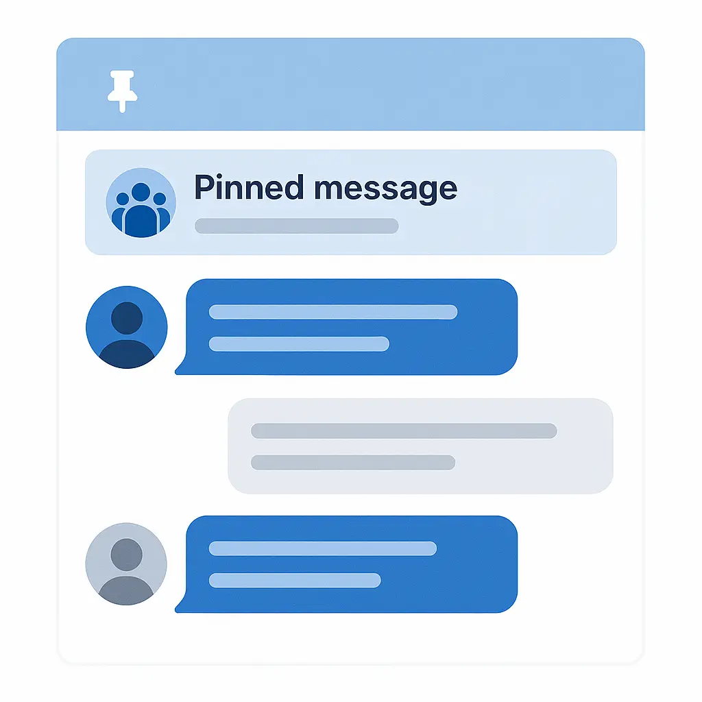 A smartphone screen showing a pinned message at the top of a group chat, with silhouettes of multiple people in the background representing other participants