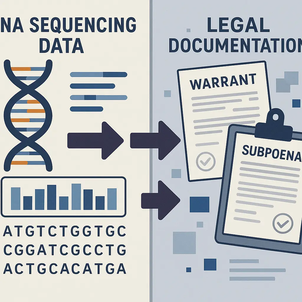 DNA helix visualization overlaid with legal document symbols and privacy shield icons