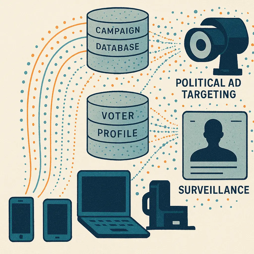 Abstract visualization of data points flowing from devices into campaign databases, forming voter profiles