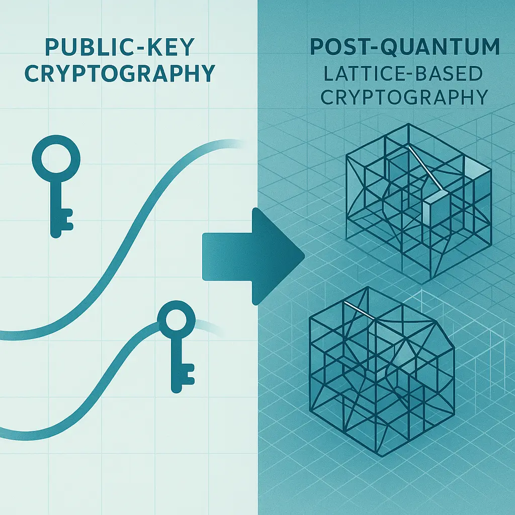 Abstract visualization of lattice-based cryptography with interlocking geometric patterns representing quantum-resistant encryption algorithms