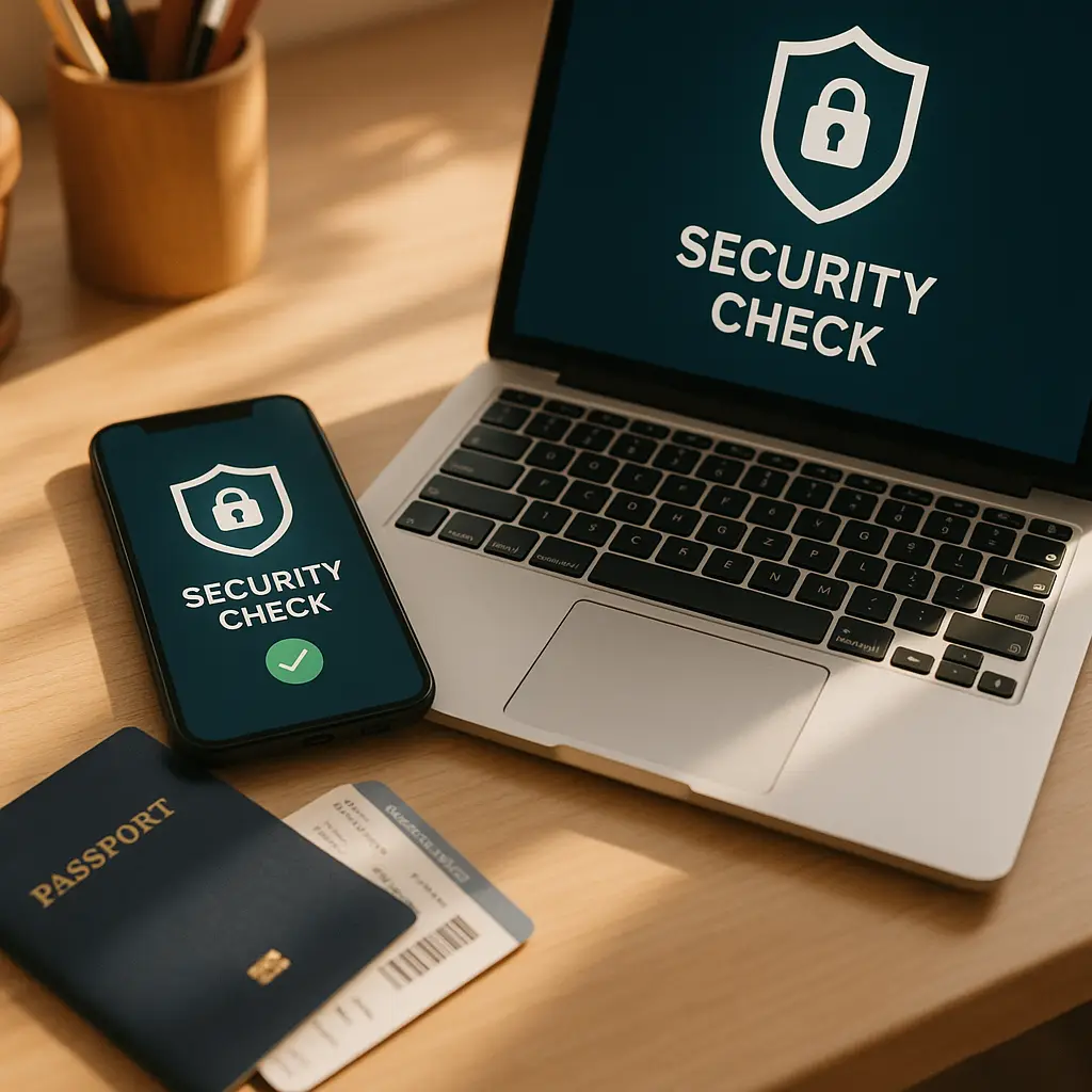 Clean desk with organized travel documents and secured devices