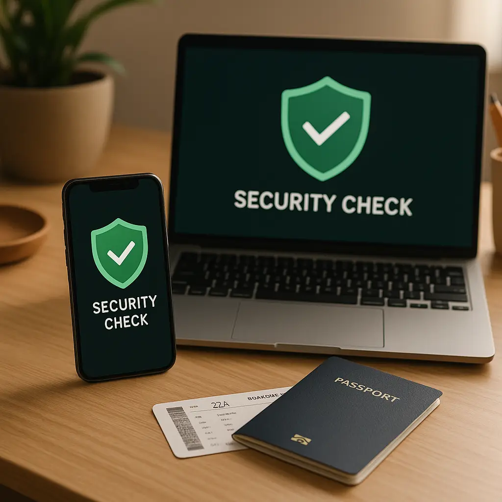 Smartphone and laptop on a desk with a passport and boarding pass, representing post-travel security cleanup