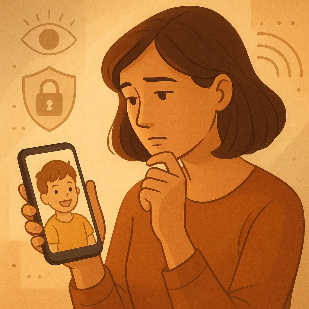 Family photo album with digital privacy shield overlay