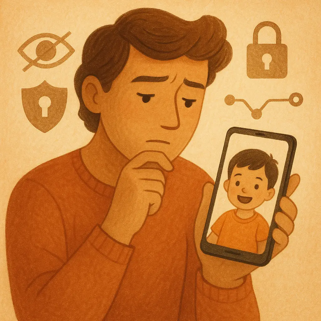 Parent holding phone showing child's photo with privacy icons floating above screen
