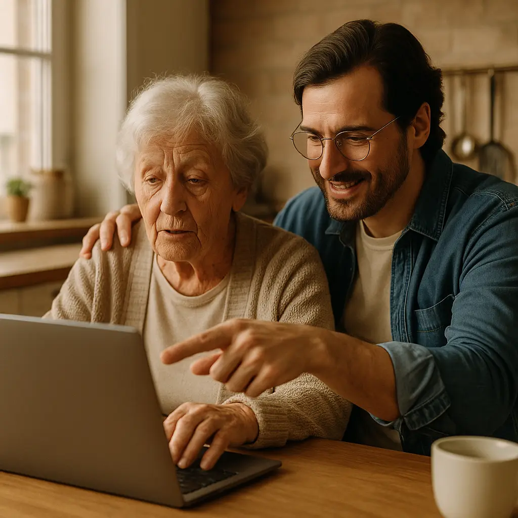 Family reviewing documents together with laptop open
