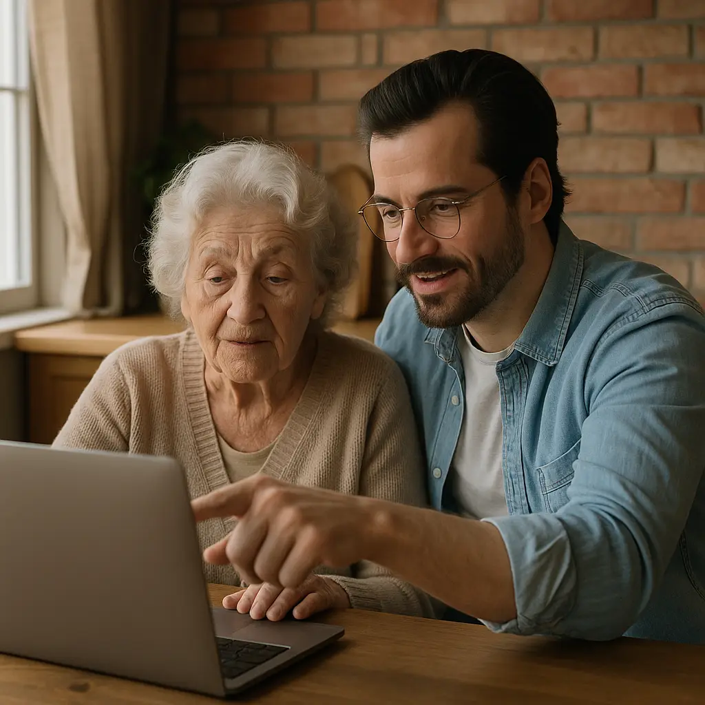 Adult child helping elderly parent with laptop at kitchen table