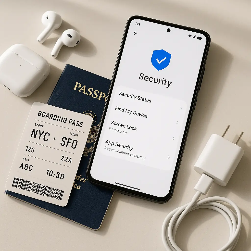 Laptop with VPN connection indicator and travel documents in organized arrangement