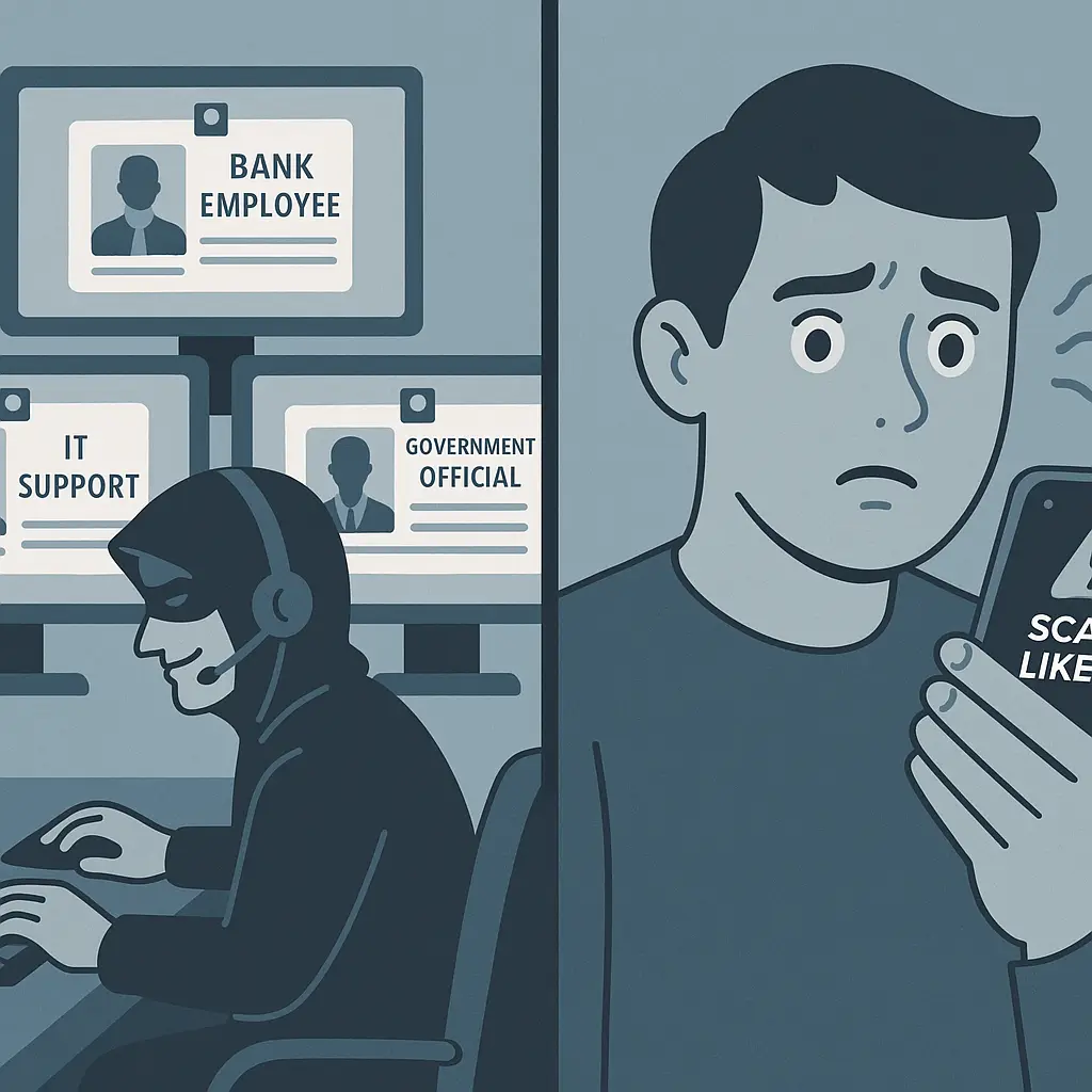 Illustration showing a phone screen displaying a fake caller ID pretending to be a bank representative