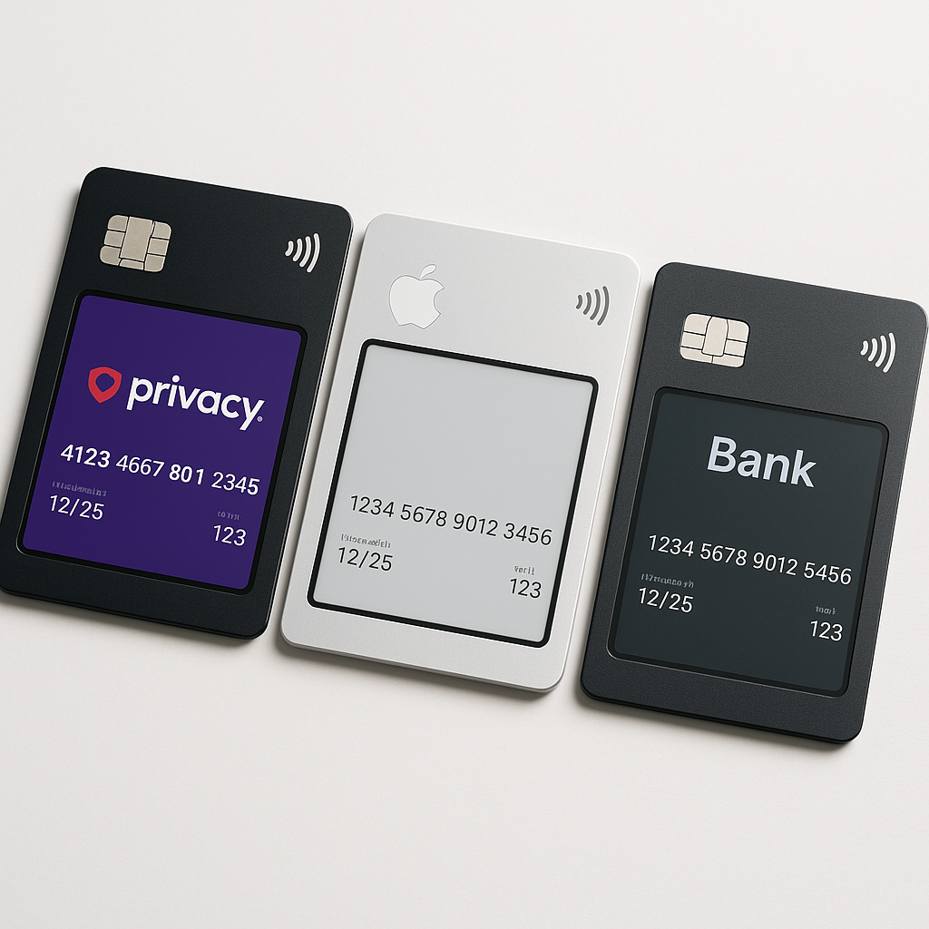 Three credit cards arranged side by side, each displaying different virtual card interfaces on their screens