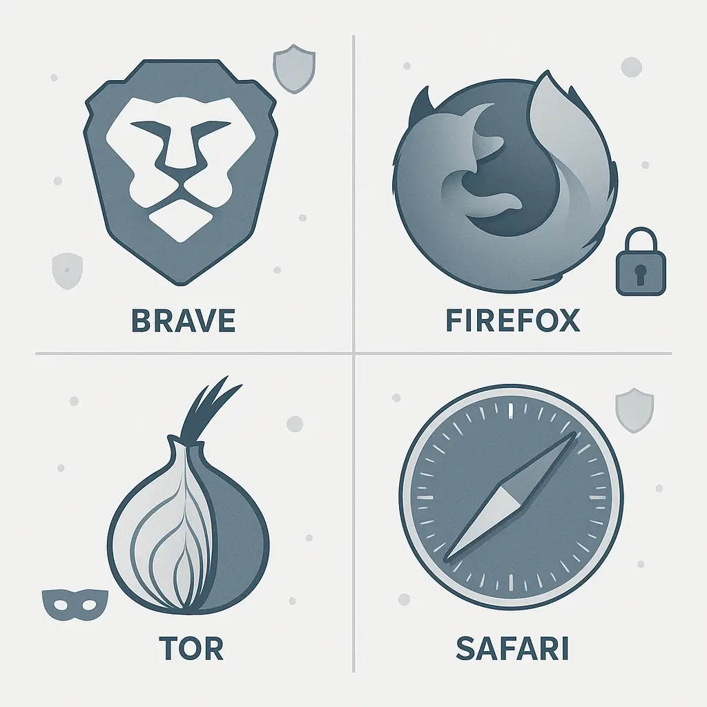 Four browser icons arranged side by side on a dark background with privacy shield symbols overlaid