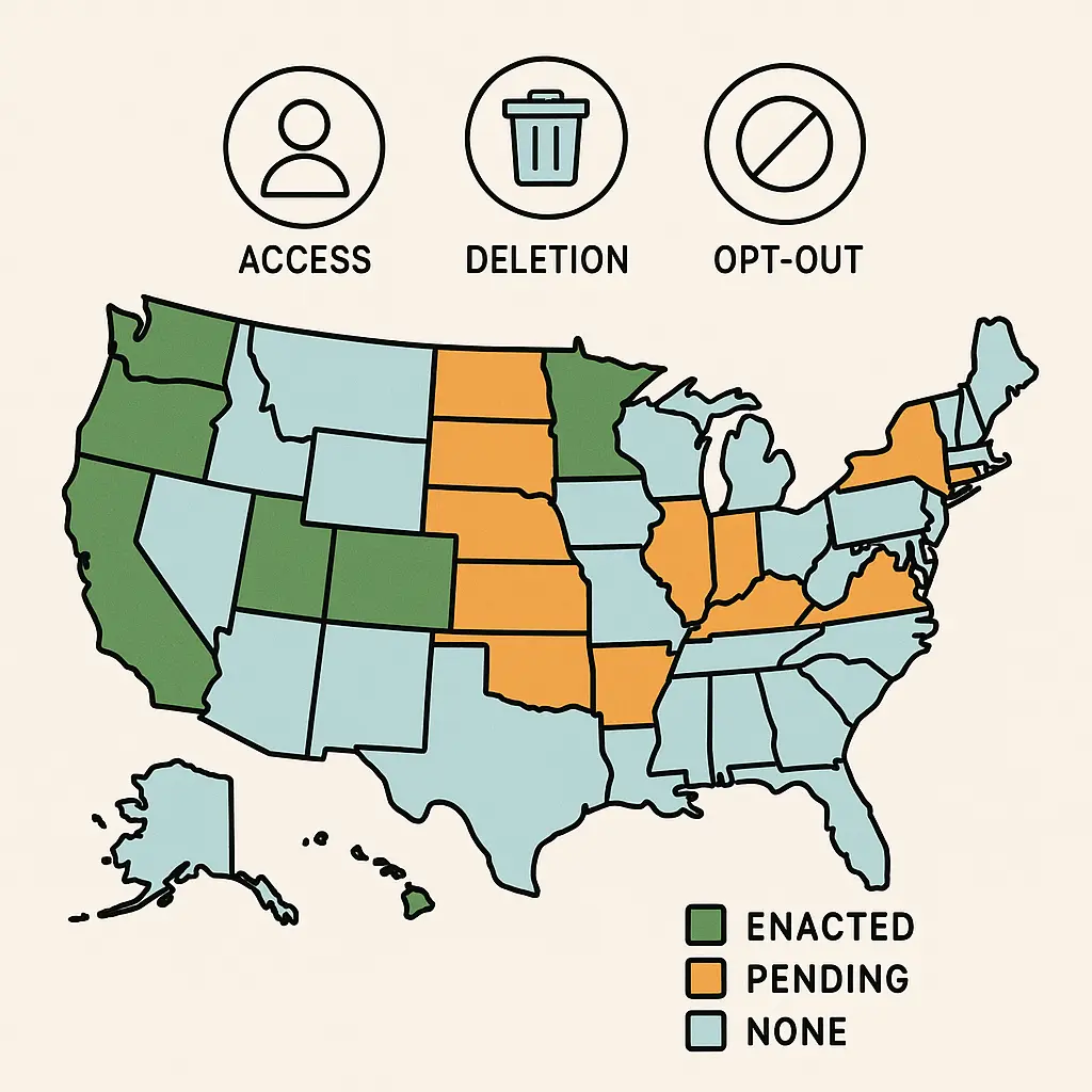 Person reviewing privacy policy documents with state law guidelines visible on screen