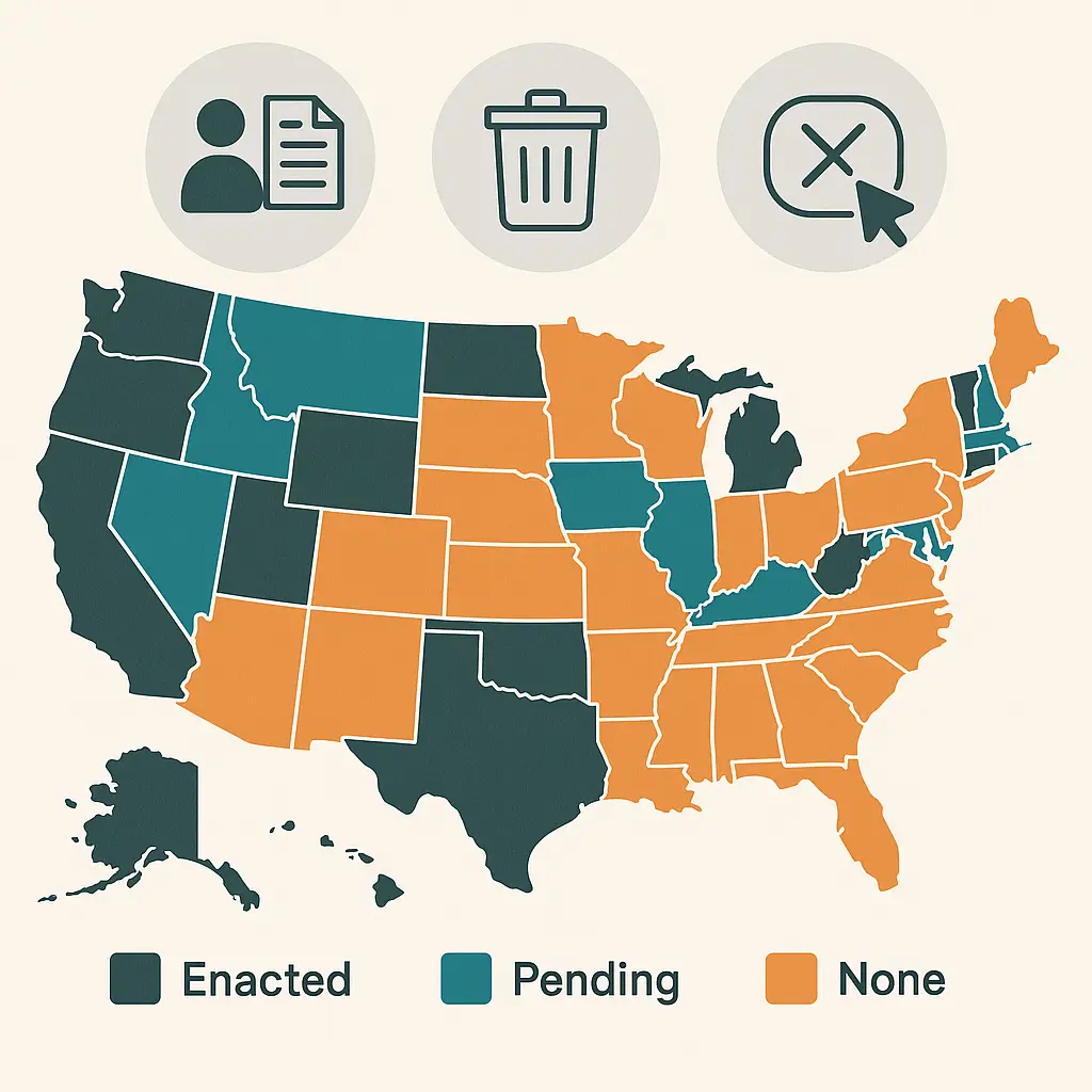 Map of the United States with states highlighted in different colors representing different privacy law statuses