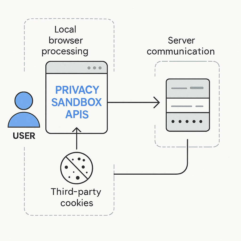 Comparison diagram showing cookie-based tracking versus Privacy Sandbox APIs