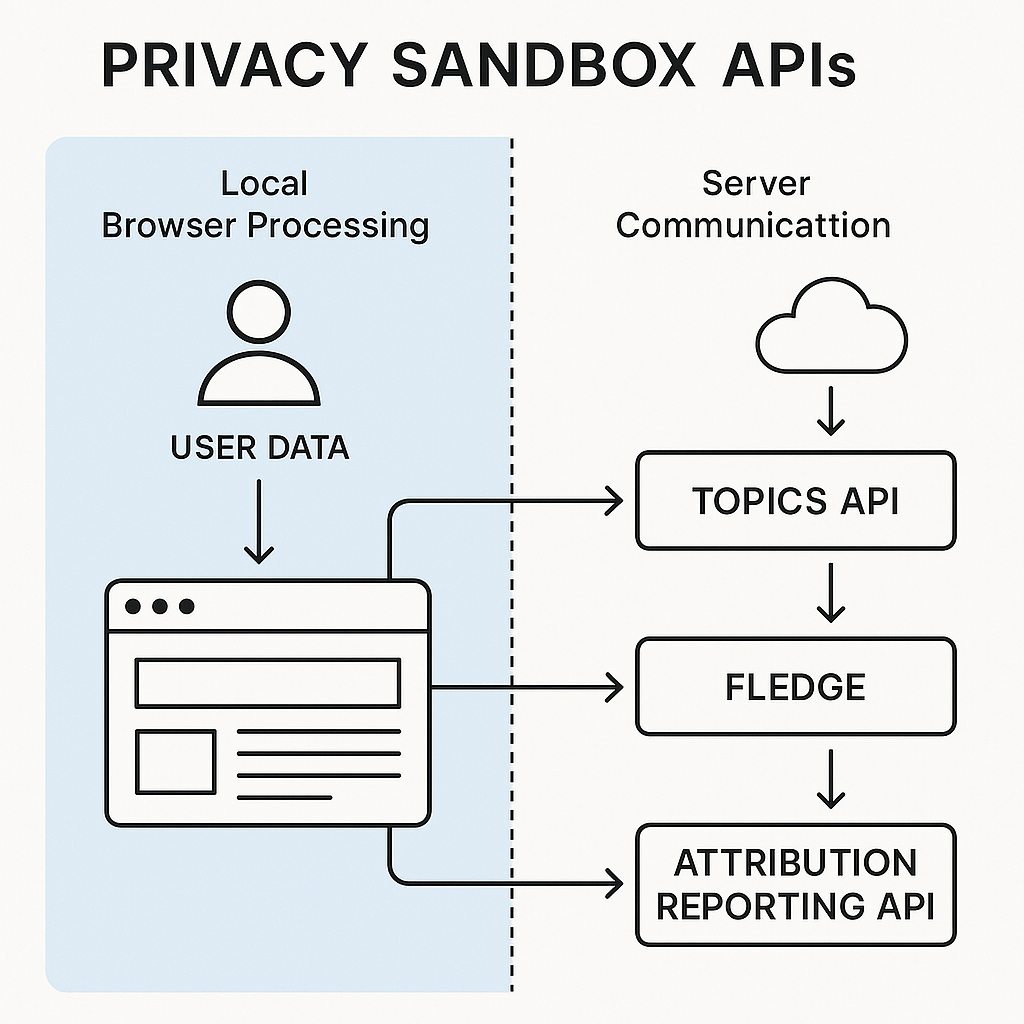 Abstract visualization of data flowing through browser APIs with layered privacy boundaries